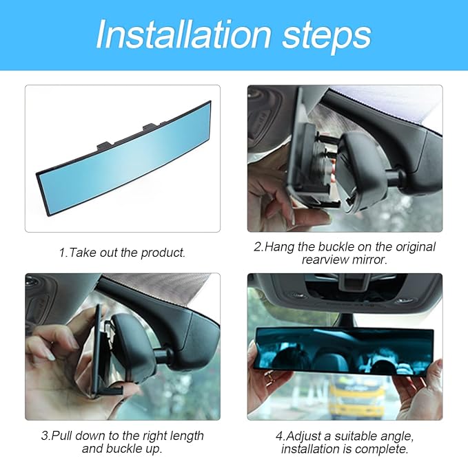 Car Rearview Mirror, 12 Inch Panoramic Wide Angle Anti-Glare, Clip on Auto Rear View Mirror, HD Clear Convex Surface, Car Interior Accessories Universal for SUV, Truck, Van, Vehicles (Blue)