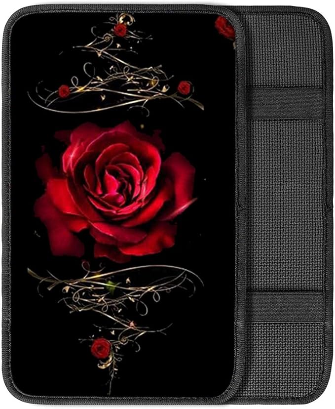 JEOCODY Red Rose Print Car Center Console Armrest Cover Fashion Armrest Cushion Cover Pad Auto Car Interior Decorative Accessories Universal Fit for Sedan, Truck, SUV