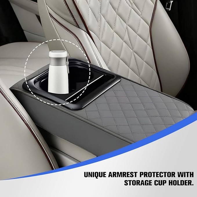 Car Center Console Armrest Pillow, Vehicle Armrest Seat Box Cushion Pad with Cup Holder & Phone Holder, Comfortable Auto Middle Console Cover, Universal for SUV RV Truck (Diamond, Gray)
