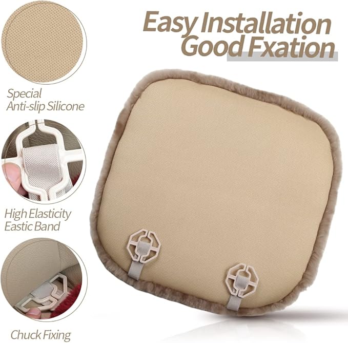 Genuine Sheepskin Auto Seat Pad,Soft Wool Seat Cover Breathable and Sweat-Wicking Comfort Warm Universal Fit (Front seat Cushion 2pcs & Rear seat Cushion 1pc, Khaki)