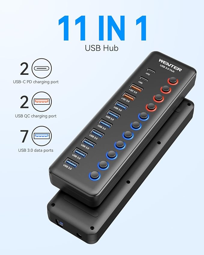 Powered USB 3.0 Hub, Wenter 48W 11-Port USB Hub Splitter (7 Faster Data Transfer Ports+ 4Pcs QC Charging Ports) with Individual LED On/Off Switches, USB Hub 3.0 Powered with Power Adapter