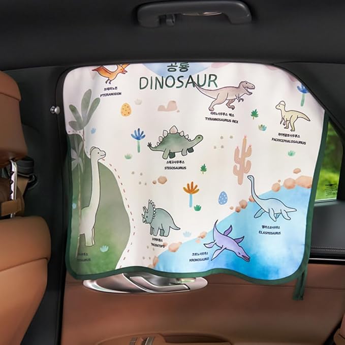 Magnetic Car Sun Shade Curtain for Side Window – Sun Blocker and UV Protector for Baby, Kids, and Pets – Universal Fit with Built-in Magnets for Steel-Framed Door (Magnet-Dino Friends)