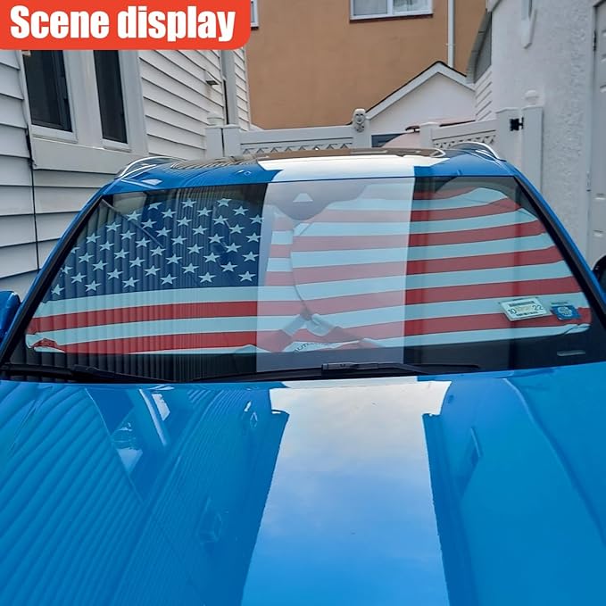 American Flag Car Windshield Sun Shade, Foldable Car Front Window Sunshade for Cars SUV Truck, Auto Interior Sun Protection Cover, Blocks UV Rays & Keeps Your Vehicle Cool (Red, XL)
