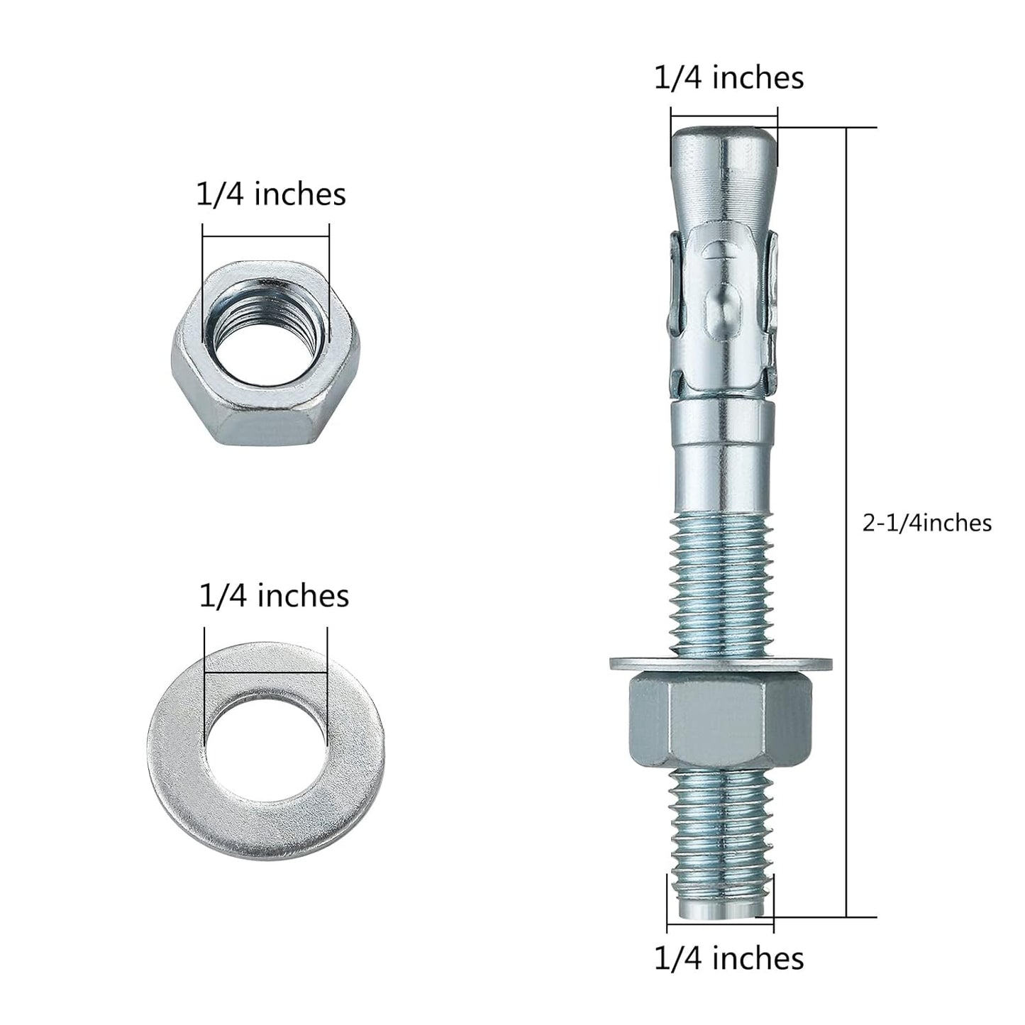 1/4x2-1/4" 50Pcs Inch Standard Fasteners for Heavy-Duty Zinc Wedge Anchors for Cement and Concrete