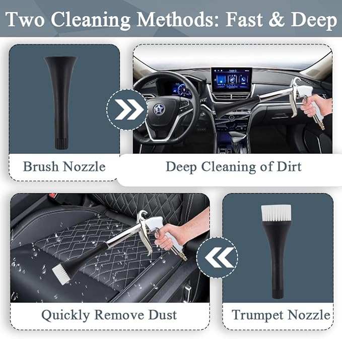 Car Cleaning Gun with Microfiber Cleaning Cloth Car Detailing Brush，High Pressure Air Blow Gun with 2 Set Nozzle, Interior Car Cleaning for Vehicle Upholstery Carpet Seat
