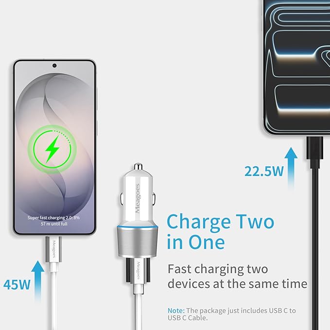 67.5W White Car Charger USB C Super Fast Charging, 45W USBC&QC3.0 Port Plug for iPhone 17 Pro Max/Air/16/15/iPad, Samsung S26 Android Cell Phone, Dual 12V Cigarette Lighter Adapter+3 ft Type C Cable