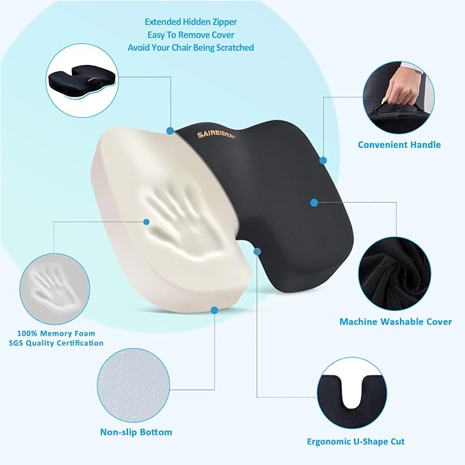 SAIREIDER Seat Cushion and Lumbar Support Pillow for Office Chair, Memory Foam Car Seat Cushions Back Support Pillows, Help Relieve Pain of Back, Lumbar, Tailbone and Sciatic Nerve（Black）