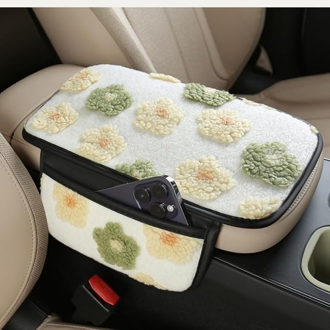 Plush Fleece Car Armrest Cover, Armrest Protection Cover with Side Storage Pockets, Armrest Seat Box Cover, Car Center Console Cushion Pad(green-Double mouth)