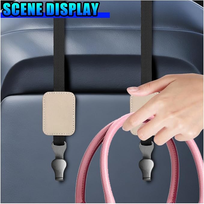 2PCS Car Seat Headrest Hooks, Stylish Suede Automotive Backseat Storage Hanger, Universal Vehicle Interior Seat Organizer Accessories for Purse, Handbag, Umbrella, Grocery (Beige)