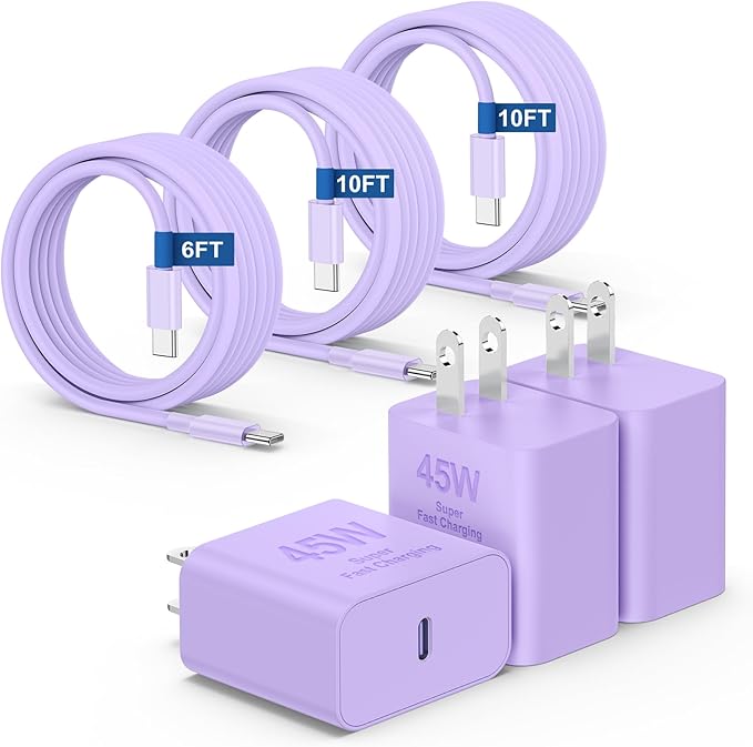 45W iPhone 17 16 15 Pro Max Charger Fast Charging 6FT/10 FT/10FT, Super Fast USB C Charger Block with Extra Long Type C Charging Cable,PD Quick Adapter 3.0 for iPhone 16 15/16e 15Pro/16 15 Plus-Purple