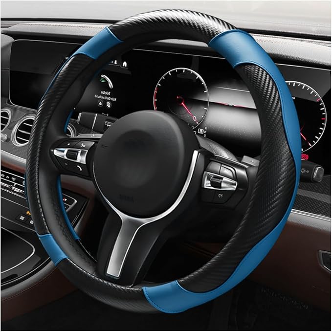 Car Steering Wheel Cover, 15 Inch Anti-Slip Stretch Leather Steering Wheel Protector, Comfortable Breathable Sporty Steering Wheel Cover for Women Men, Car Accessories (Black & Blue)