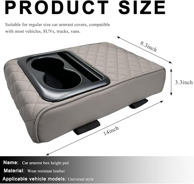Car Center Console Armrest Pillow, 14"×8.3" Waterproof Leather Armrest Box Cover with Cup and Phone Holder, Soft Memory Foam Arm Rest Console Pad Protector for SUV Truck (Gray, Embroidery)