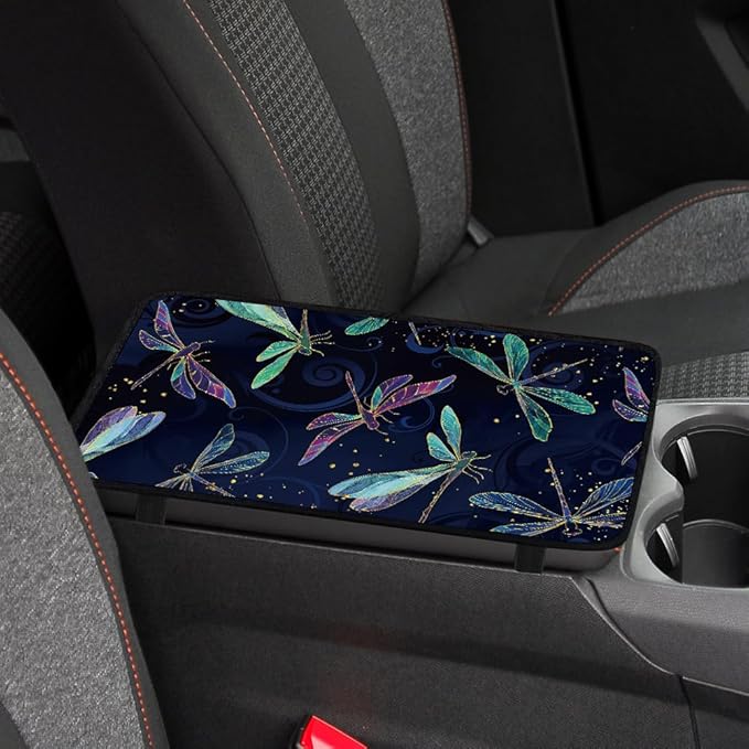1pc Center Console Armrest Cover Pad 12.6x7.5 inch Dragonfly Neoprene Car Armrest Cushion Waterproof Armrests Seat Box Cover Protector for Universal Cars Vehicles SUVs