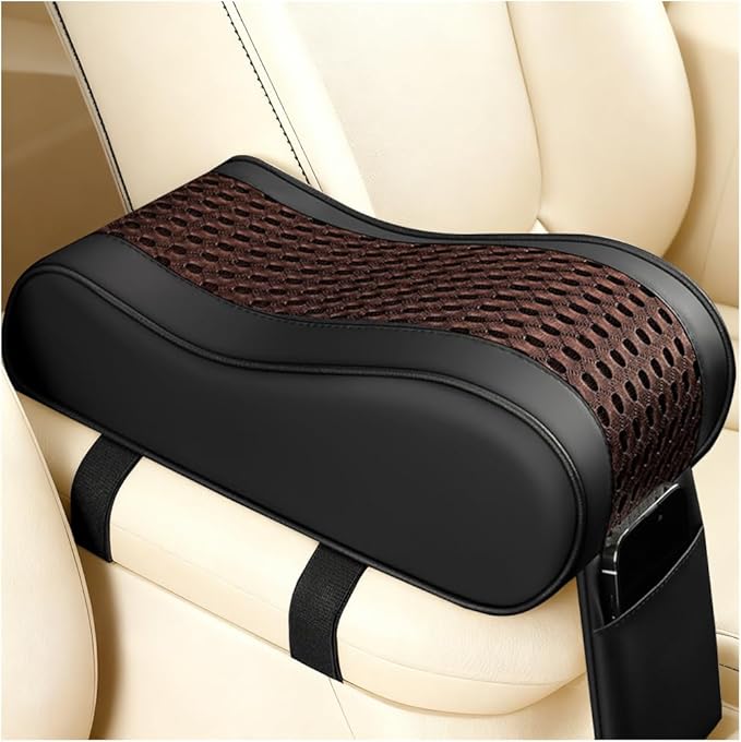 Car Armrest Cushion, Soft Memory Foam Leather Vehicle Armrest Pillow with Storage Bag, Multifunctional Automotive Interior Center Console Arm Rest Pad, Universal for Most Vehicles (Coffee)