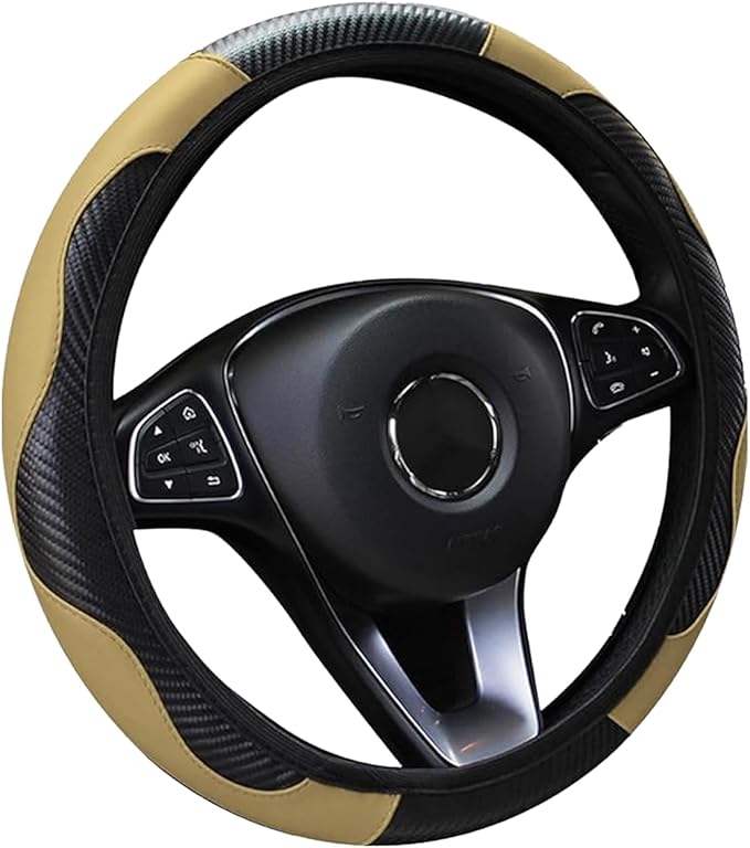Car Steering Wheel Cover, 15 inch Carbon Fiber Microfiber Anti-Slip Breathable PU Leather Elastic Steering Wheel Protector, Car Interior Accessories for Most Cars (Beige)
