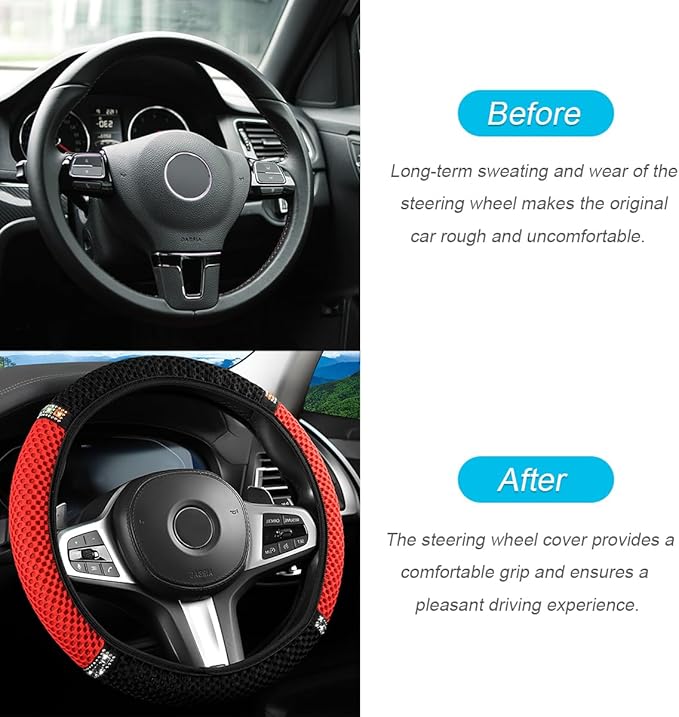 Bling Car Steering Wheel Cover, 15 Inch Crystal Rhinestones Elastic Stretch Breathable Vehicle Steering Wheel Protector for Women Girls, Universal Auto Interior Accessories (Black Red)