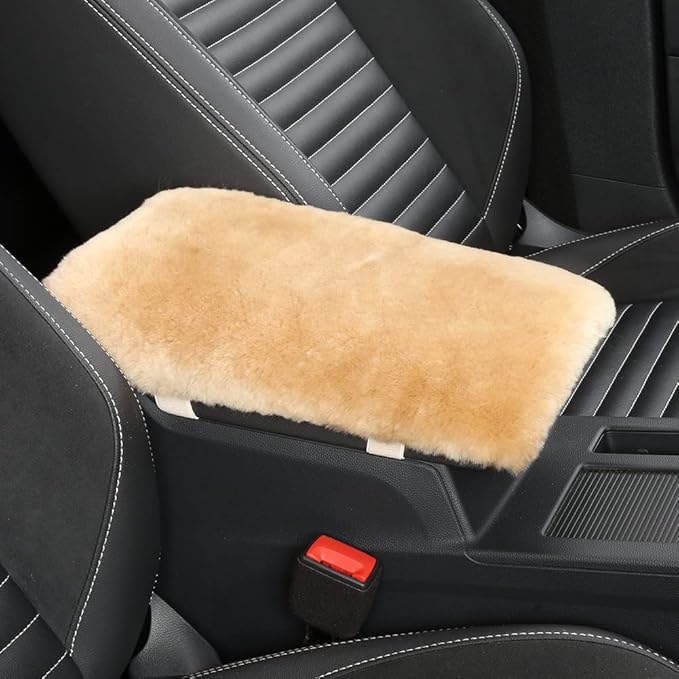 Sheepskin Armrest Cover Auto Center Armrest Cover Car Soft Console Pad, Fluffy Wool Auto Center Console Cover for Most Car Arm Rest Decoration Protector 7 x 13 Inch (Shearling, Khaki)