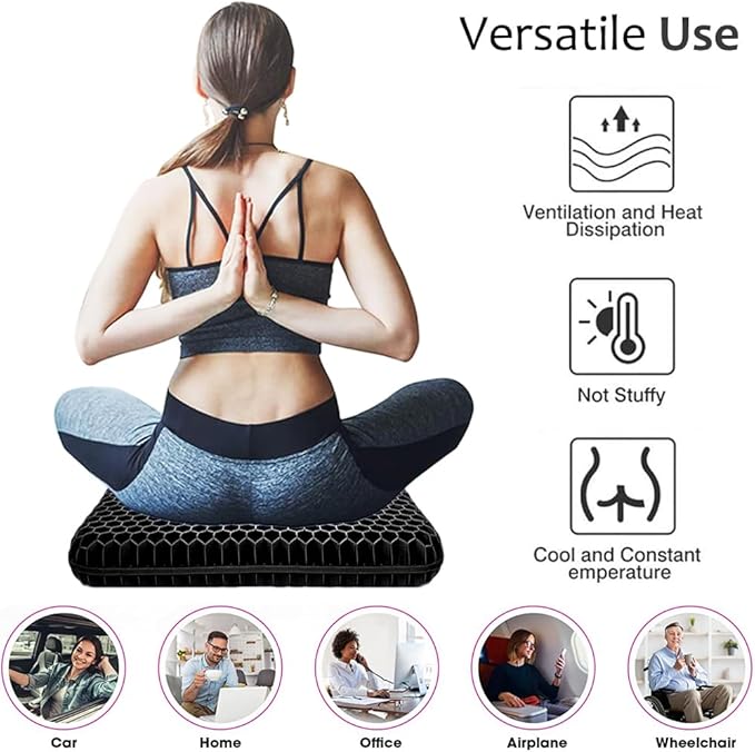 Gel Seat Cushion for Long Sitting, Extra Thick Gel Cushion for Wheelchair Soft Chair Pads for Office Home Chairs Car Seats Long Trips - Back Sciatica Hip Tailbone Pain Relief Cushion (Black)