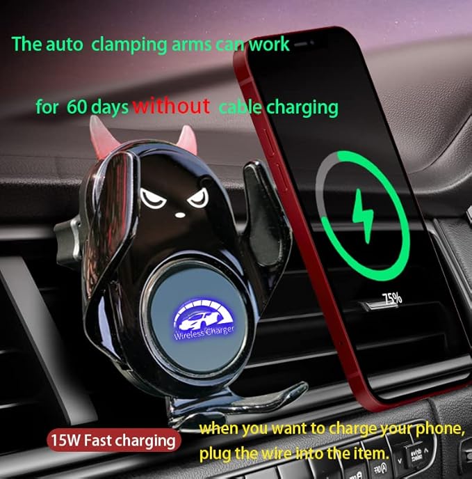 Car Phone Holder Mount Wireless Charging Auto Clamping with Rotatable Vent Clip Cute Demon for iPhone Samsung Galaxy Andriod Phone