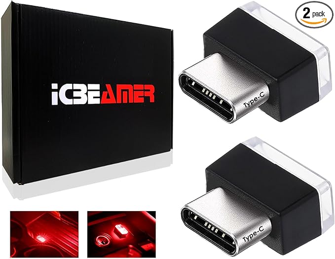 ICBEAMER Type C Adapters Atmosphere Light 2-Pack (Red) | Universal Plug-in Miniature LED Night Light for Car Interior and Trunk Ambient Lighting