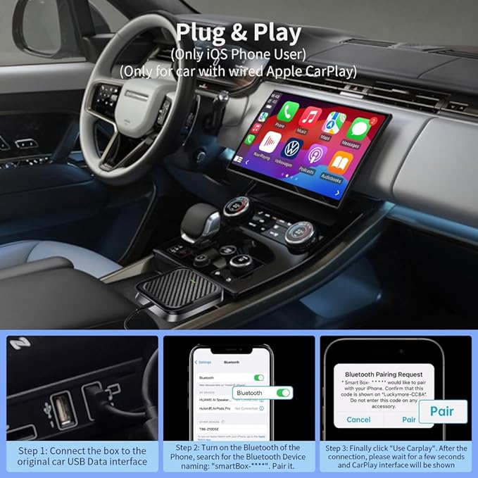 Wireless CarPlay Adapter for Apple iPhone, Android Auto Wireless Adapter for Samsung Galaxy/Motorola, 2025 Upgrade Plug & Play Fast Connection Car Play (Black)