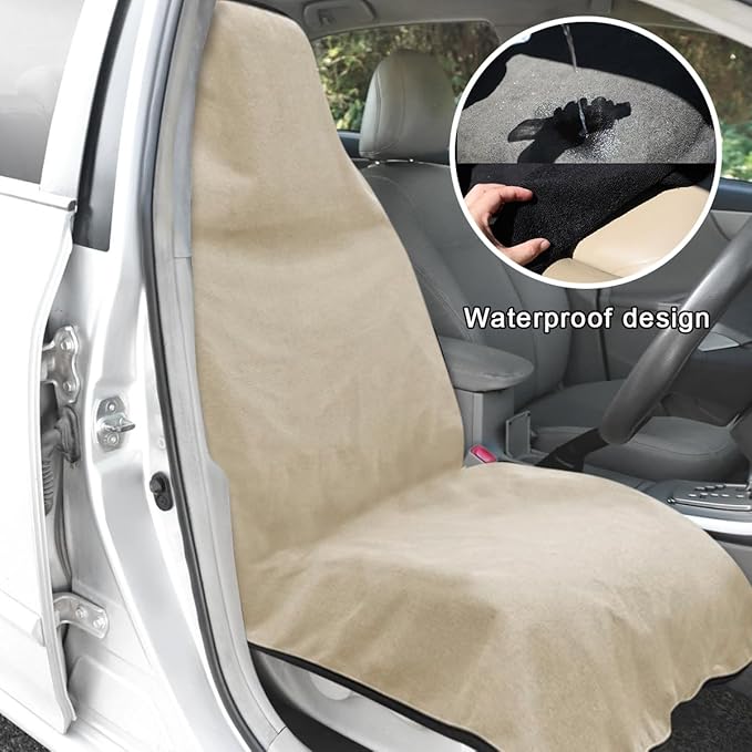 2PCS Car Towel Seat Cover, Waterproof Sweating Non-Slip Premium Soft Towel Carseat Protector, Universal Machine Washable Car Truck SUV Front Seat Cover for Gym Workout Beach Hiking (Beige)