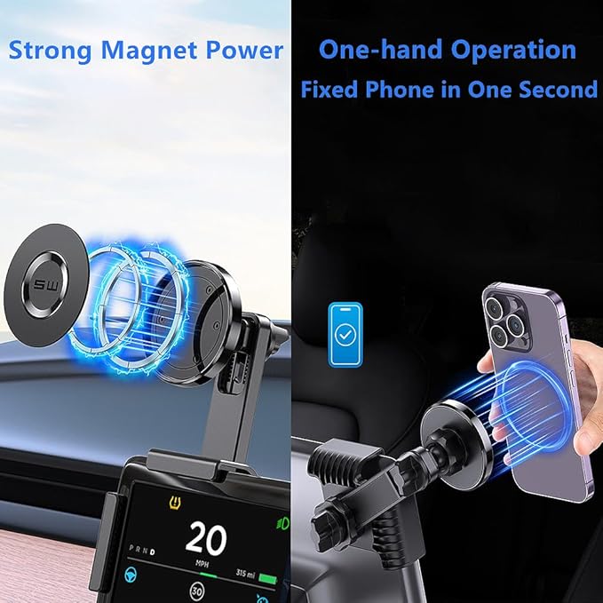 Magnet Phone Mount for Tesla Model 3/Y Accessories, Tesla Phone Mount for Magsafe iPhone & Android Phones, Strongest Magnetic Power Adjustable Car Phone Holder, with 1pcs Magnetic Ring