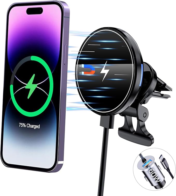 Magnetic Wireless Car Charger Mount,Compatible with MagSafe Car Charger,15W Fast Charging Air Vent Car Phone Holder for iPhone 16 15 14 13 Pro Max Plus MagSafe,Car Accessories(with 60W Car Adapter)