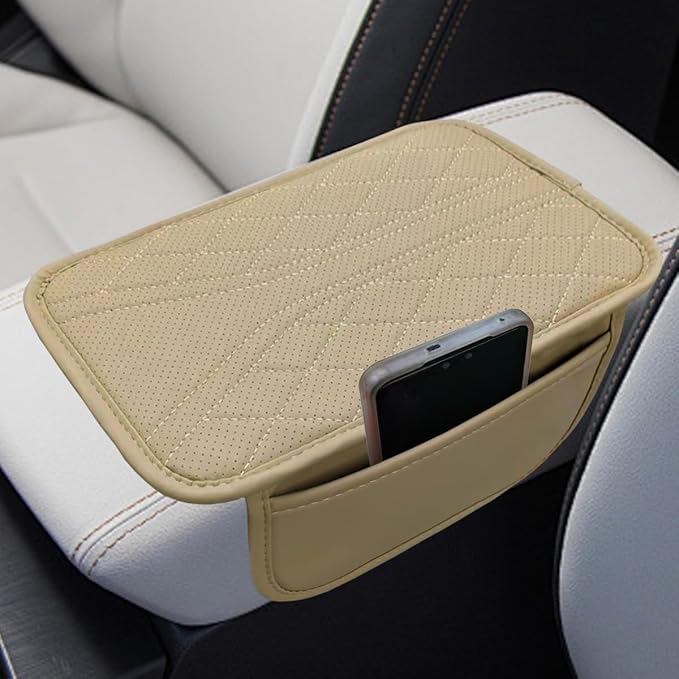 Car Center Console Cover with 2 Storage Bags - Leather Car Armrest Cushion Pad Vehicle Middle Console Cover, Universal Armrest Seat Box Protector Auto Interior Accessories for SUV, Truck, Sedan(Beige)