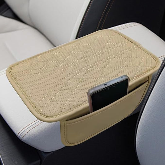 Car Center Console Cover with 2 Storage Bags - Leather Car Armrest Cushion Pad Vehicle Middle Console Cover, Universal Armrest Seat Box Protector Auto Interior Accessories for SUV, Truck, Sedan(Beige)