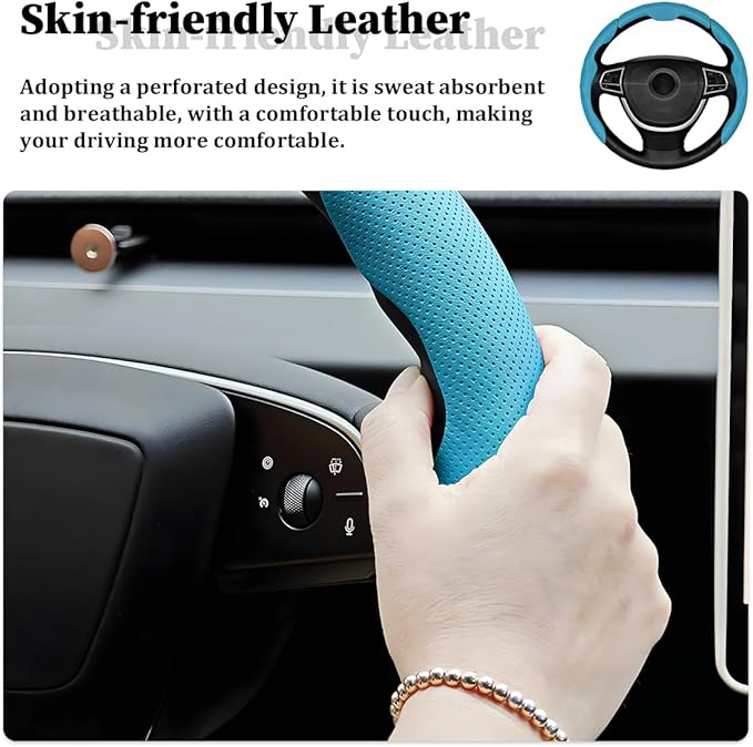 3PCS Car Steering Wheel Cover, Nappa Leather Breathable Non-Slip Segmented Steering Wheel Protector, Snap-on Auto Interior Decoration Accessories, Universal Fit (Blue)
