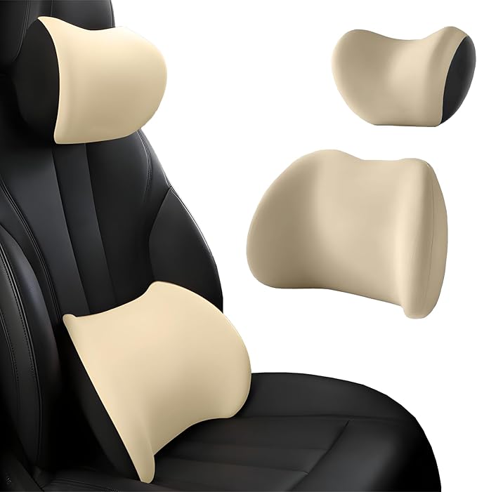 Car Headrest & Lumbar Support Cushion, Car Headrest and Lumbar Support, Ergonomic Car Seat Headrest & Lumbar Cushion, Car Head Rest and Lumbar Pillow Set for Neck Back Pain Relief (Beige)