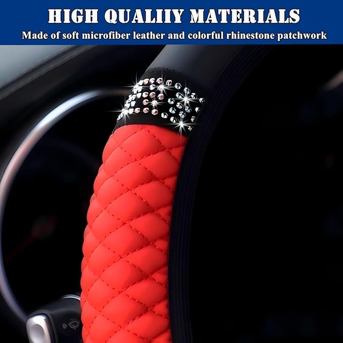 Soft Leather Car Steering Wheel Cover, Universal 15 Inch Colorful Rhinestones Anti-Slip Elastic Steering Wheel Covers for Most Cars, Sparkly Crystal Diamond for Women Girls (Red)
