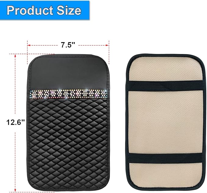Bling Leather Car Center Console Cover, Car Center Console Protector With Glossy Crystal Rhinestone, Universal Waterproof Car Armrest Seat Box Cover For Most Car, Vehicles, SUVs, Trucks (Black)