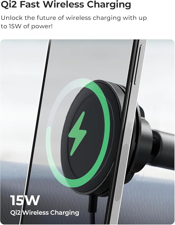 iOttie Velox Qi2 Mini 15W Wireless Charger Car Mount - Dash & Windshield Car Phone Holder - MagSafe Compatible iPhone Mount for Qi2 Smartphones (iPhone12 13 14 15 16 and 17) - Car Charger Included