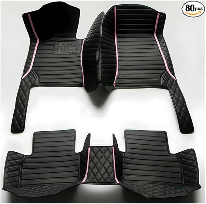 TREGOO All Weather Car Mats Custom Fit Non Slip Floor Mats for 1998-2025 Cars Personalized Leather Protection Pads Suitable for Men Women (Black Double Panel with Pink Stripe)