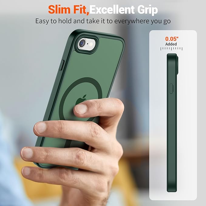 SUPFINE Magnetic for iPhone SE Case 2022 (3rd)/2020 (2nd), iPhone 8 Case (Compatible with MagSafe) (Military Grade Drop Protection) Slim Translucent Matte Phone Case, Forest Green