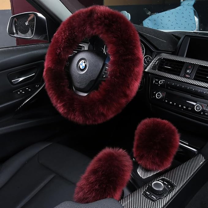 3Pcs Set Fashion Fluffy Fuzzy Wool Fur Soft Car Steering Wheel Cover with Handbrake Cover & Gear Shift Cover for Women/Girls/Ladies Auto Long Wool Accessories, Dark Red