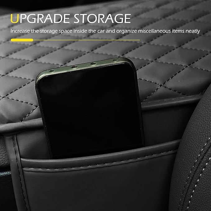 Car Center Console Cover, Waterproof Leather Car Armrest Cover Cushion with Side Storage Pockets, Upgraded Vehicle Armrest Storage Box, Universal for SUV, Sedan, Truck (Black)