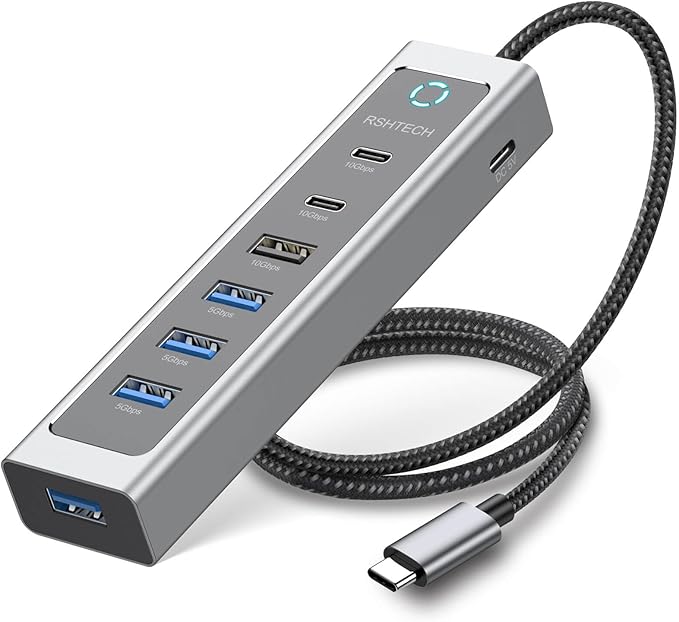 RSHTECH 7-Port USB C Hub Splitter 10Gbps with 3 USB-3.2 (2C + 1A), 4 USB-3.0 Ports and 2ft Long Cable, Aluminum USB-C Hub Multiport Adapters for Laptop and More, RSH-T17C
