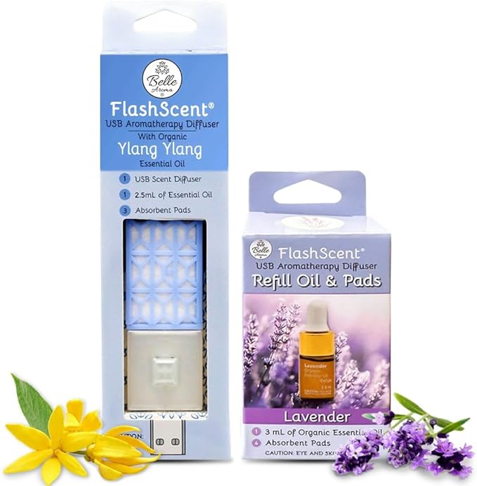 Belle Aroma® FlashScent™ USB Aromatherapy Bundle - for Car, Office, Home, and Travel - Includes 1 Serenity Blue Ylang Ylang Oil Diffuser Kit, 1 Lavender FlashScent Essential Oil, and 7 Refill Pads