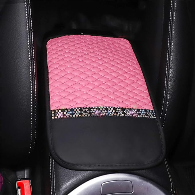 Bling Leather Car Center Console Cover, Car Center Console Protector With Glossy Crystal Rhinestone, Universal Waterproof Car Armrest Seat Box Cover For Most Car, Vehicles, SUVs, Trucks (Pink)