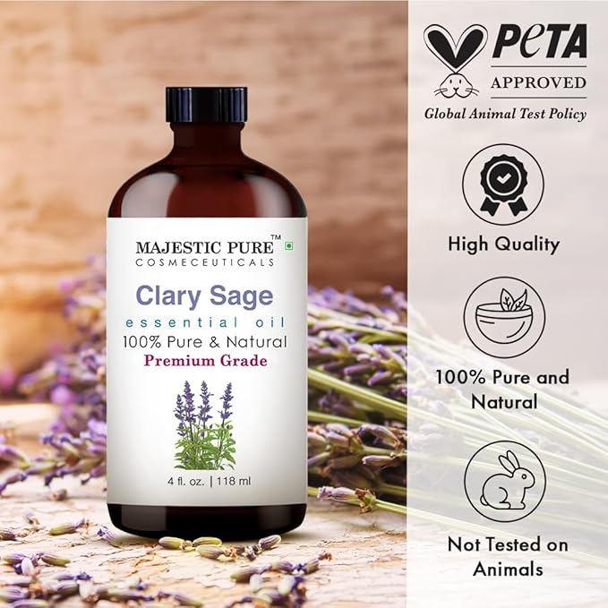 Majestic Pure Essential Oil with Glass Dropper - 100% Pure and Natural - Essential Oils for Diffuser, Aromatherapy, Soap and Candle Making, Clary Sage Essential Oil, Clary Sage Oil, 4 Fl Oz