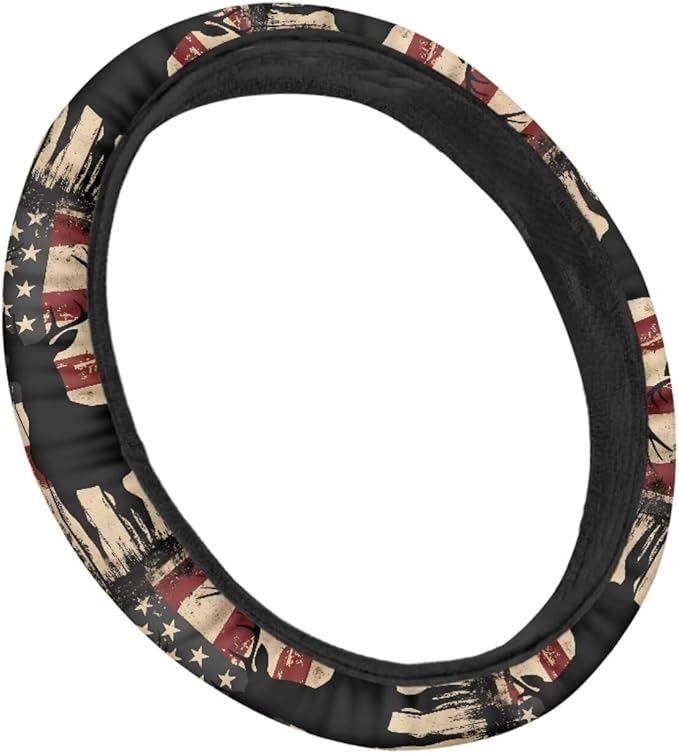 SEANATIVE Deer American Flag Car Steering Wheel Cover for Women Breathable Anti Slip Auto Steering Wheel Covers fit Standard Size 15inches