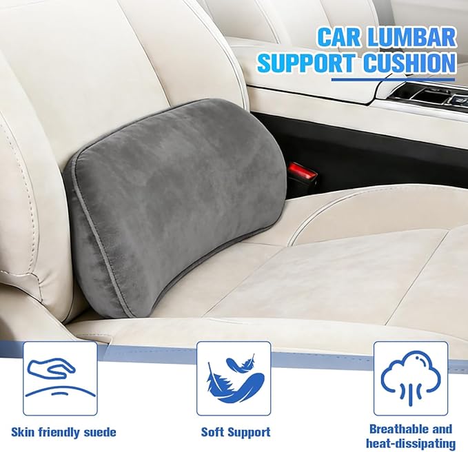 Car Lumbar Support Pillow, Memory Foam Suede Vehicle Back Support Cushion for Pain Relief, Breathable Automotive Interior Seat Lower Back Pillow, Universal for SUV Van Truck (Dark Gray)