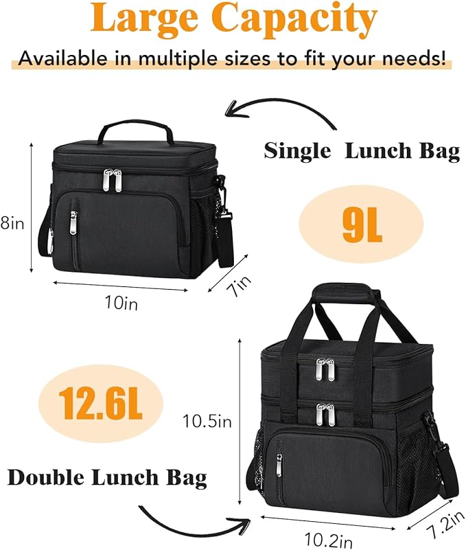 Insulated Lunch Bag for Men & Women, 9L Leakproof Lunch Box Soft Cooler Tote with 5 Pockets, 600D Oxford, EVA Lining, Adjustable Strap for Work, Picnic, Beach&Travel-Black