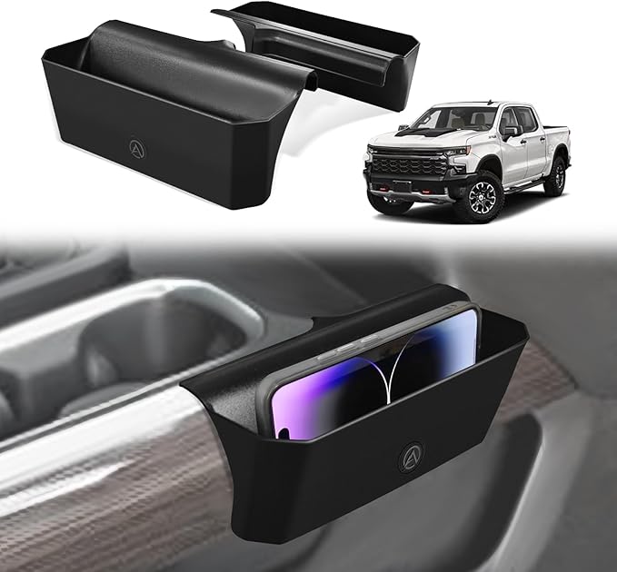 Muslogy Center Console Side Organizer Compatible with 2022-2025 2026 Chevy Silverado 1500 & GMC Sierra 1500 Accessories Middle Console Shifter Storage Box Left & Right Phone Pocket with Anti-Slip Mats