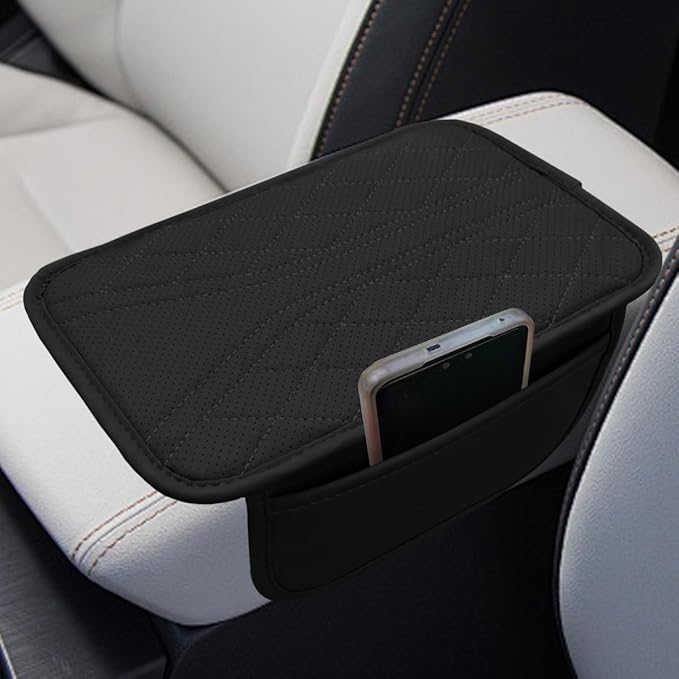 Car Center Console Cover with 2 Storage Bags - Leather Car Armrest Cushion Pad Vehicle Middle Console Cover, Universal Armrest Seat Box Protector Auto Interior Accessories for SUV, Truck, Sedan(Black)