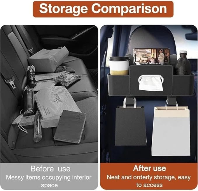Backseat Car Organizer with Tissue, Multifunctional Car Back Seat Organizer with Cup Holders Tissue Box and Hook for Holding Phone, Snacks, Drinks and Handbag (Black)