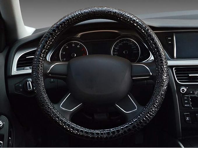 GZE Crocodile Pattern Steering Wheel Cover Microfiber Leather Breathable Anti-Slip Massage Wheel Protector 15 Inch Universal Fit (A-Black)